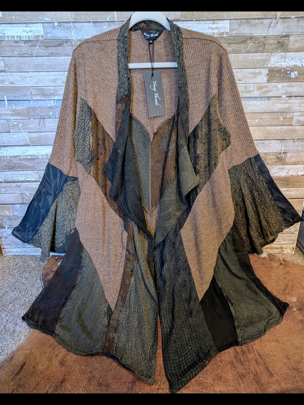 NWT Gorgeous Young Threads Patchwork Cardigan Amber Sweater Mixed Print